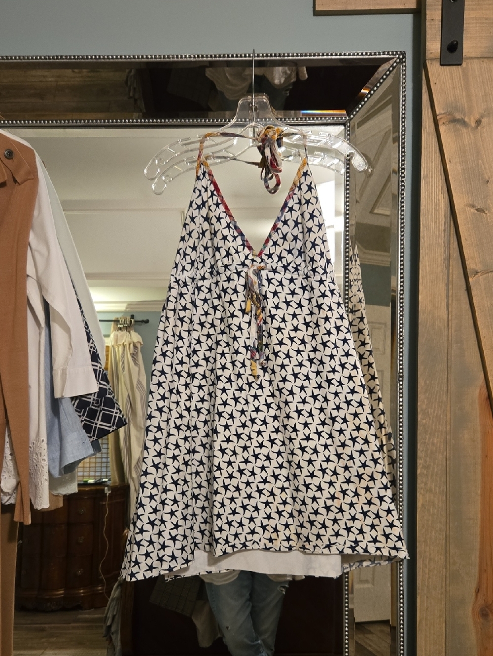 White & Navy Star Print Halter Sundress